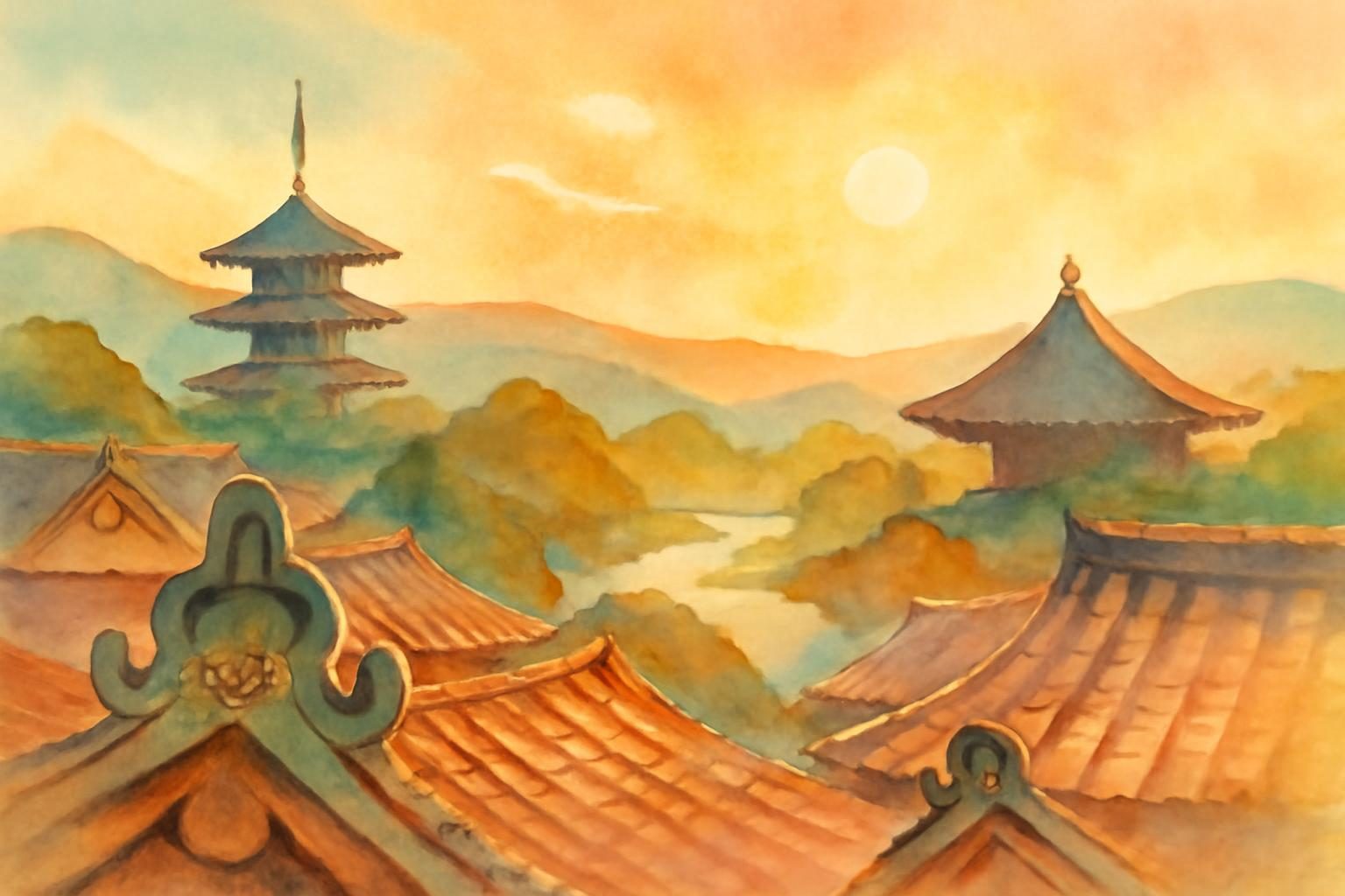 Traditional Kyoto skyline with temple roofs and abstract onigawara under a golden late-afternoon sky.
