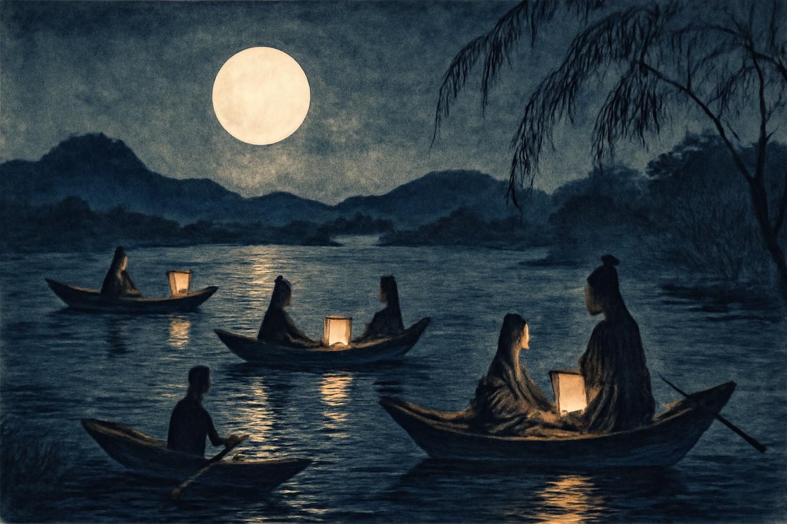 Heian-era aristocrats on boats under a moonlit sky, with lantern reflections on a river, evoking Tsukimi traditions.