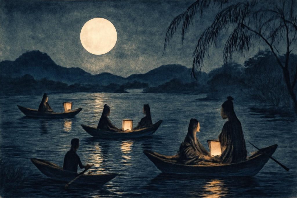 Heian-era aristocrats on boats under a moonlit sky, with lantern reflections on a river, evoking Tsukimi traditions.