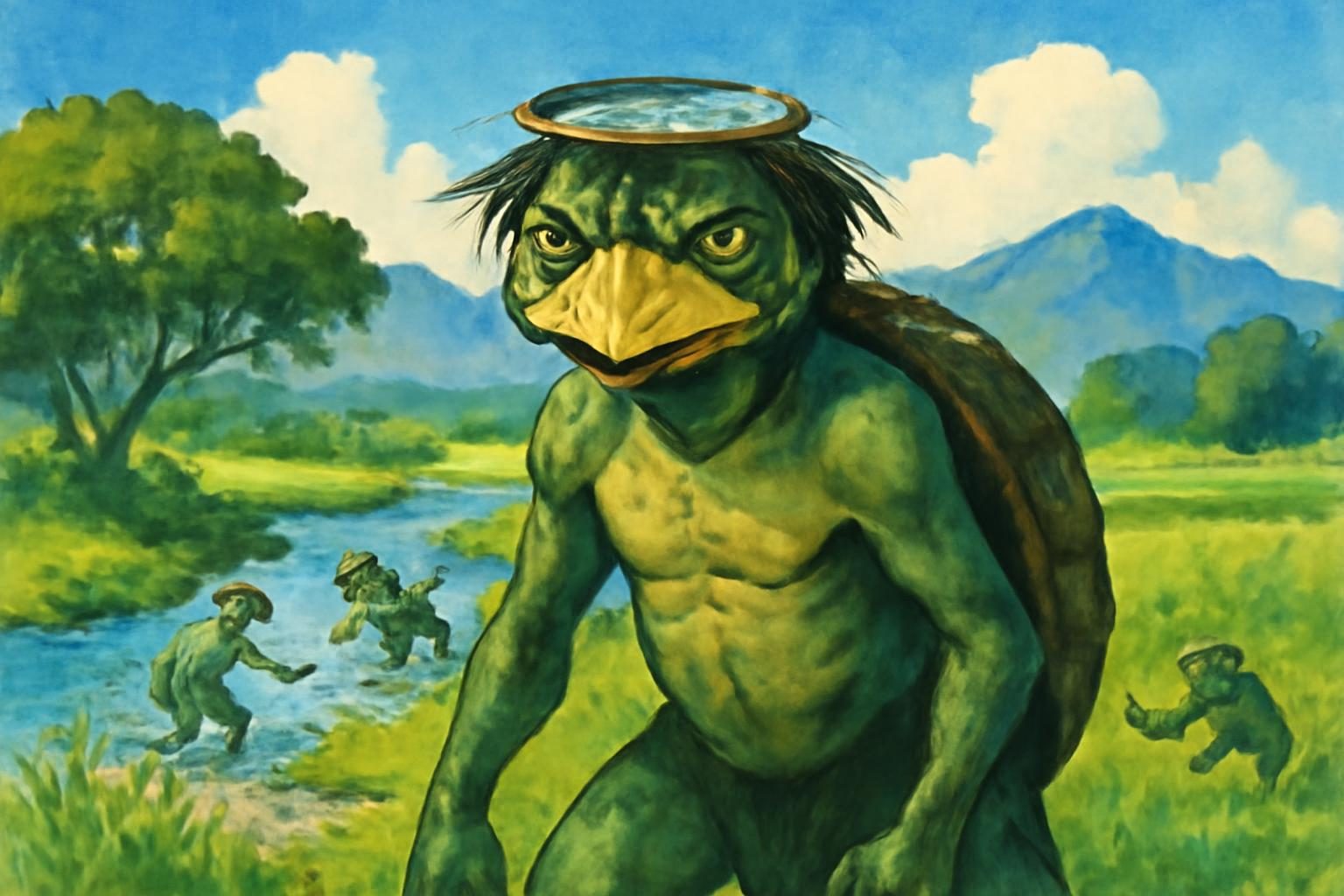Kyusenbo the kappa chief in a vibrant summer landscape, with other kappa by a river.