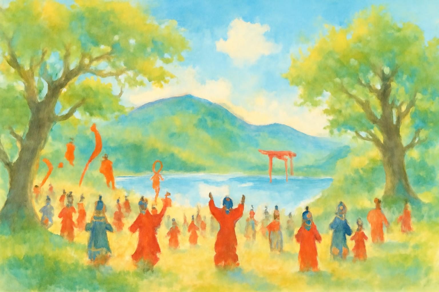 A serene watercolour depicting a festival by Lake Akan with hills, trees, and joyful figures celebrating.