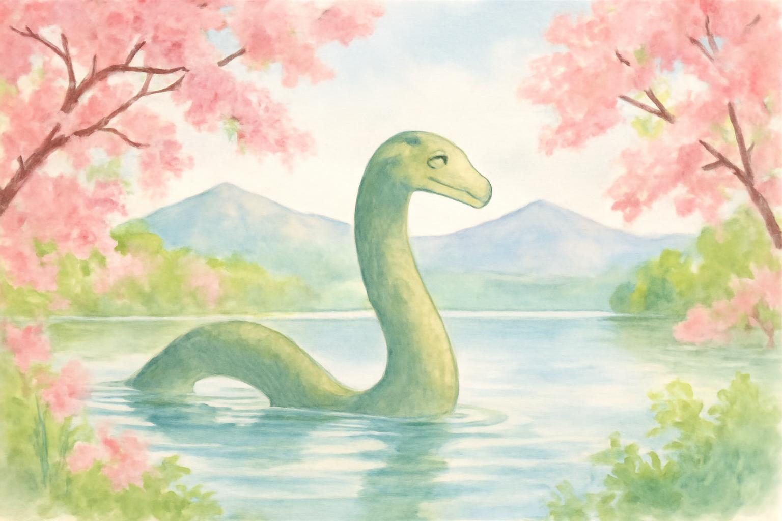 Kusshii emerging amidst cherry blossoms and mountains at Lake Kussharo in spring.