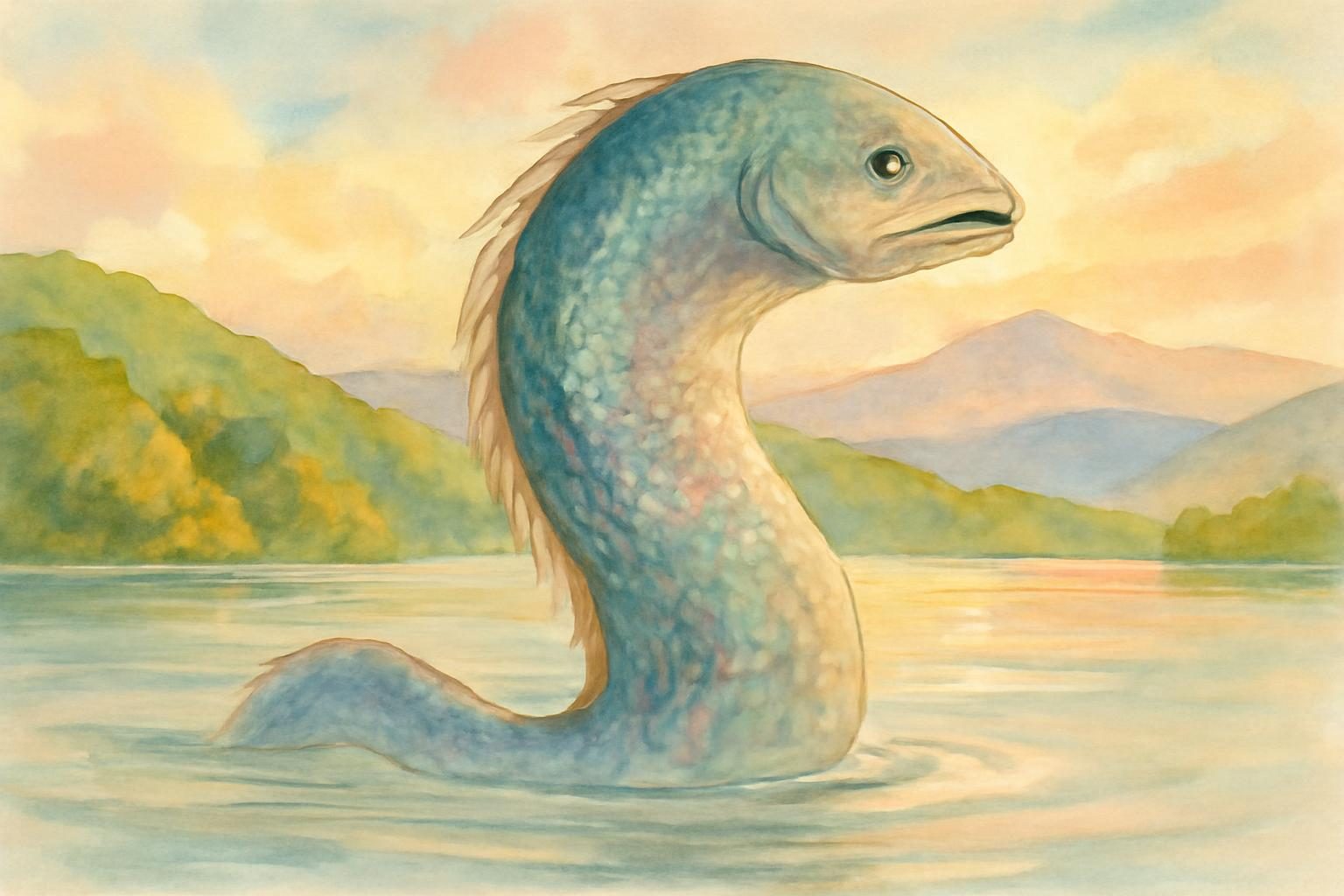 Amemasu emerges from Lake Kussharo in a luminous, warm watercolour scene.