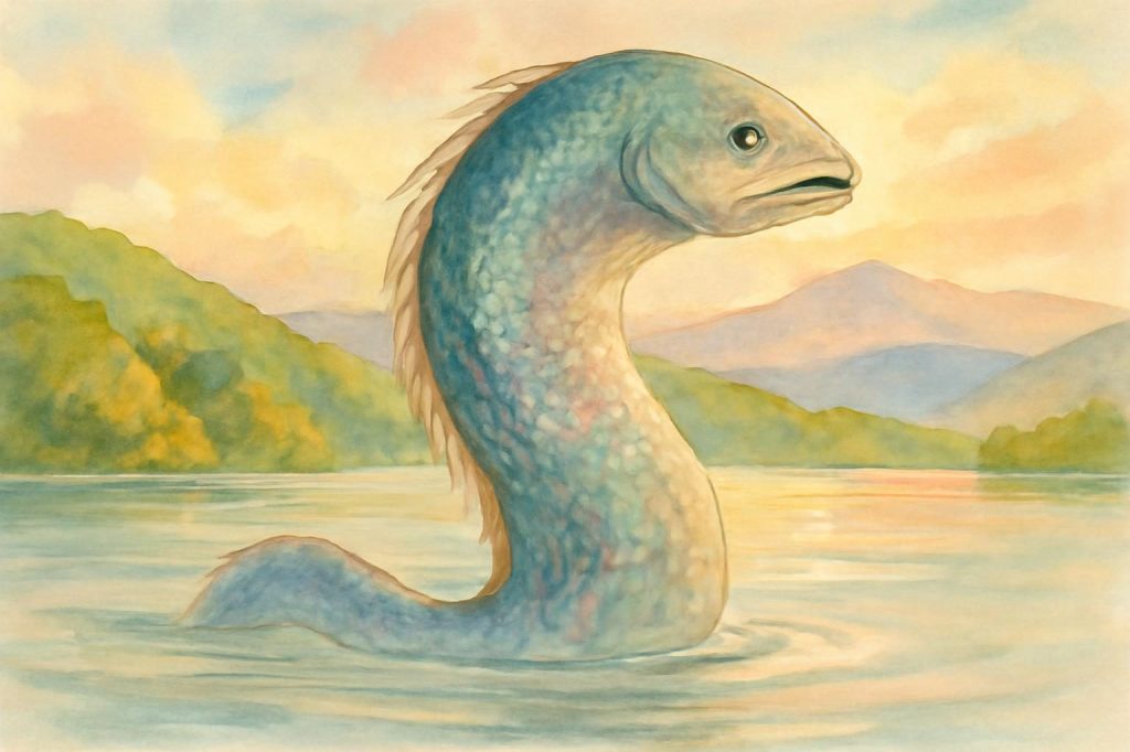 Amemasu emerges from Lake Kussharo in a luminous, warm watercolour scene.