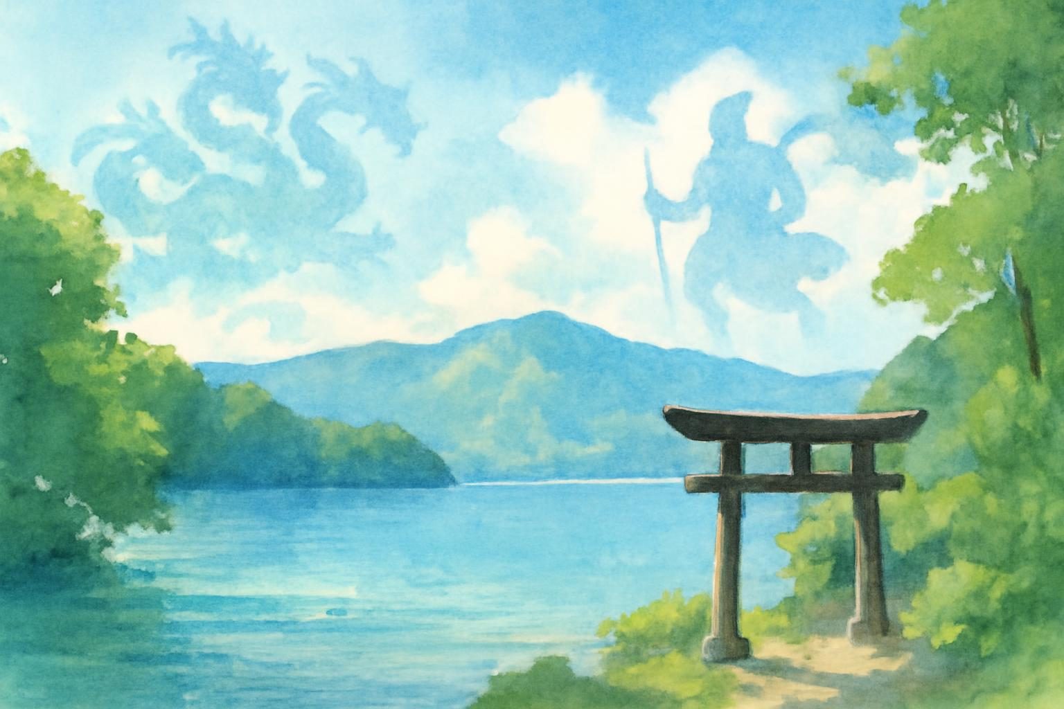 Mythical scene at Lake Towada with shrine elements and distant dragon figures in watercolor style.