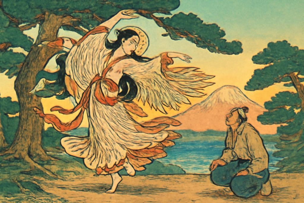 Celestial maiden's dance by pine tree with Mount Fuji backdrop in ukiyo-e style.