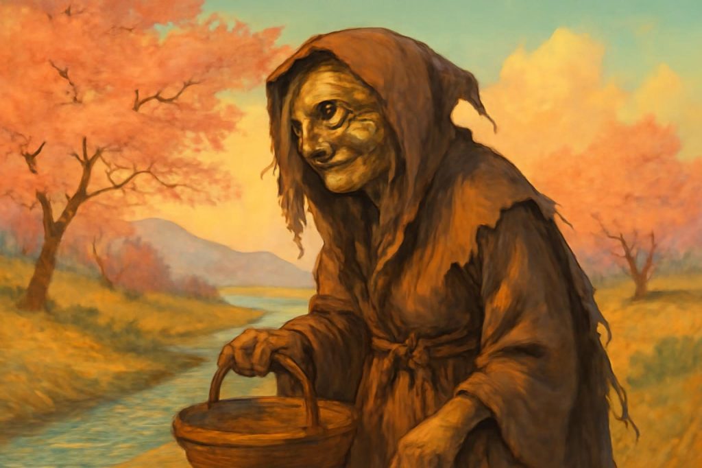 Mikaribaba, a one-eyed hag, with a borrowed basket in a Yokohama landscape under warm afternoon light.