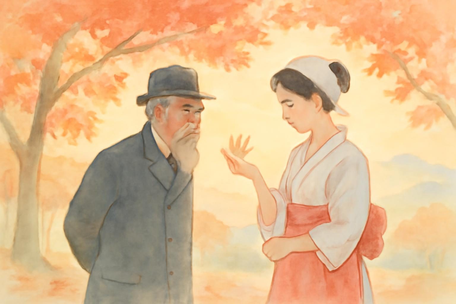 Ito Hirobumi admiring a waitress's maple leaf-like hands in a vibrant autumn park.