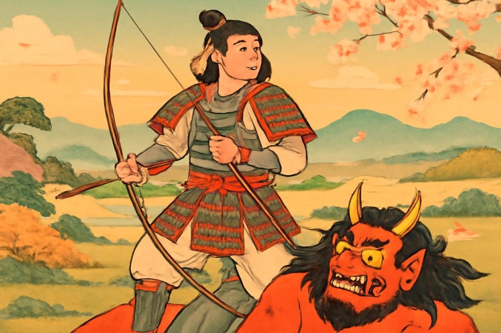 Kibitsuhiko-no-Mikoto stands over defeated demon Ura in ukiyo-e style.