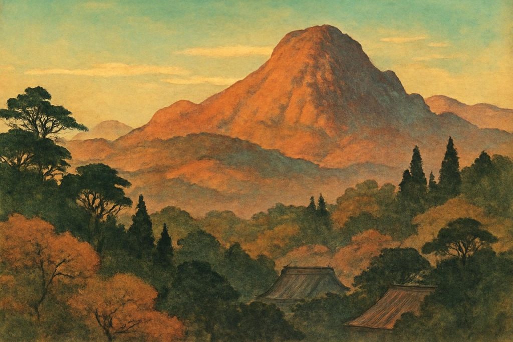 Ukiyo-e-inspired scene of Mount Oeyama with lush forests and mountains under warm golden light, evoking Shuten-doji's legend.