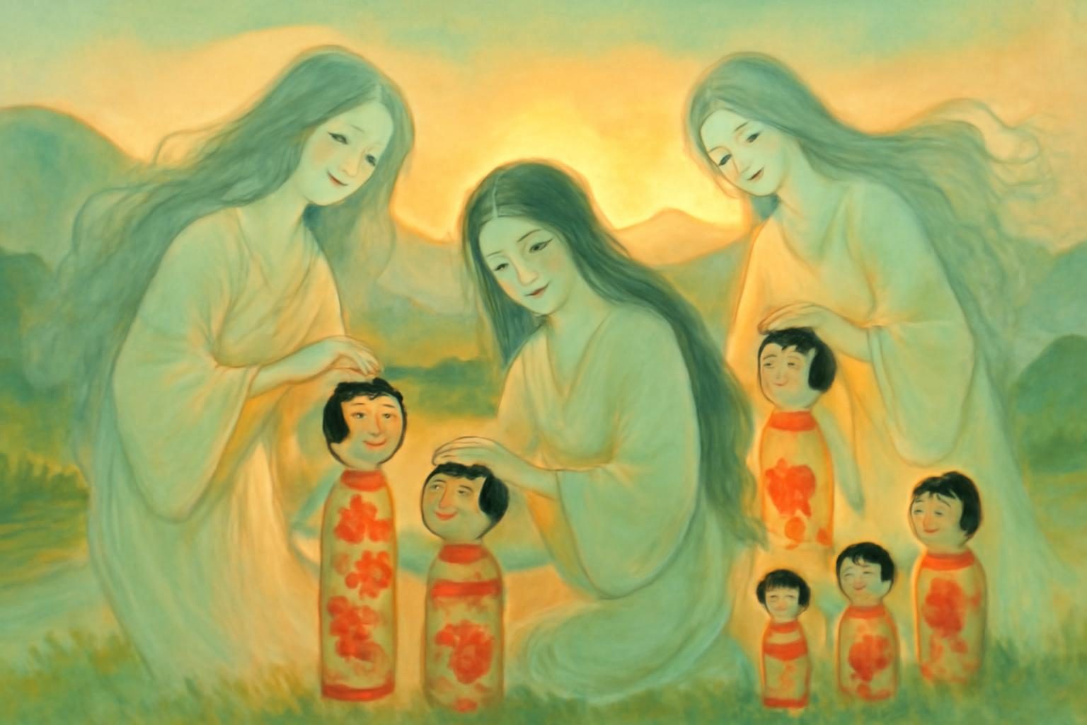 AI-generated imaginative illustration of kokeshi; not evidence of a documented local legend.