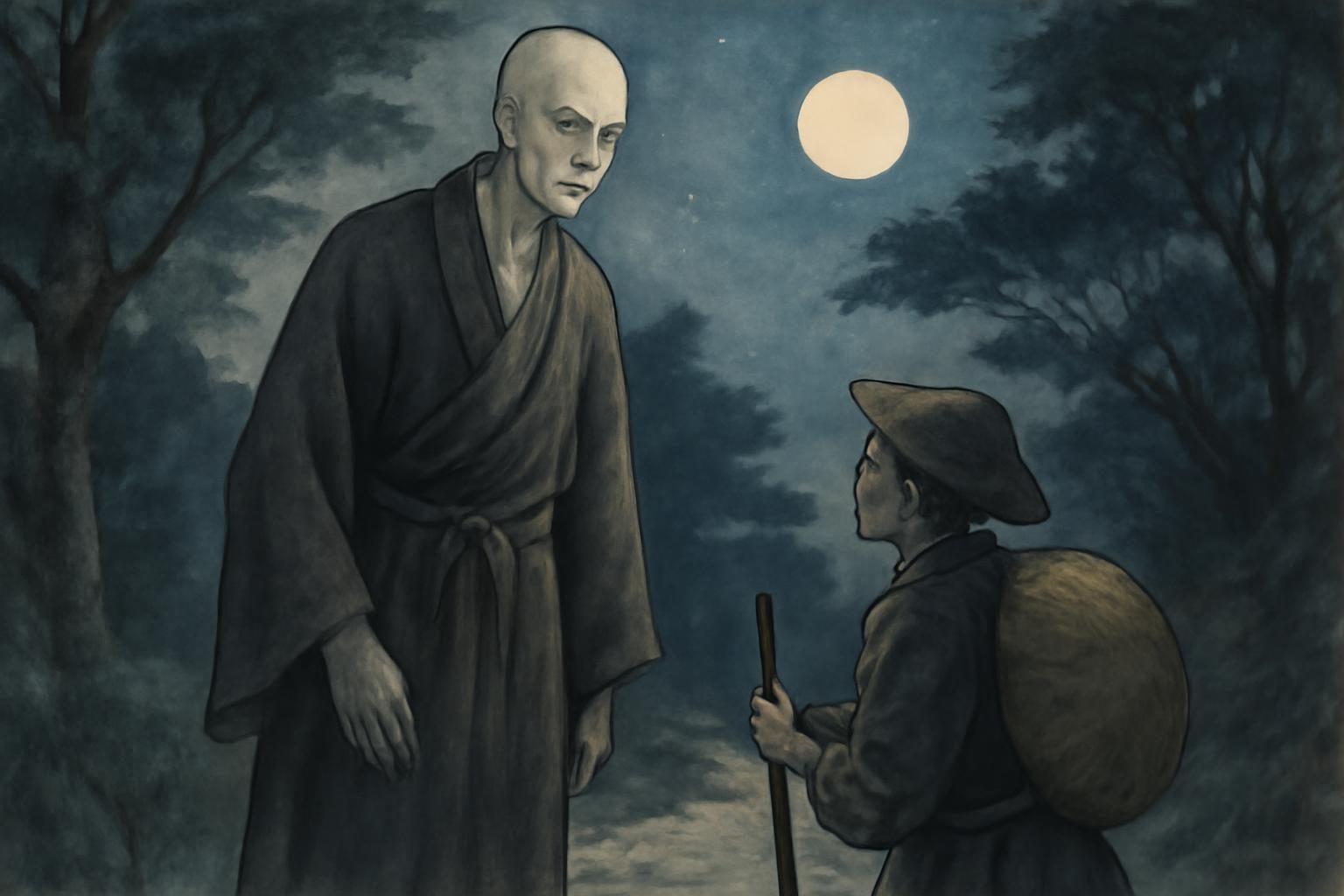 Nyudo-Bozu grows taller on a moonlit road, with a startled traveler watching in Shinshiro.