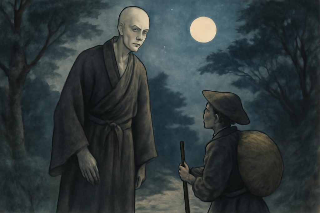 Nyudo-Bozu grows taller on a moonlit road, with a startled traveler watching in Shinshiro.