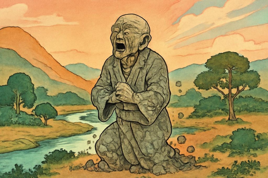Konaki-Jiji transforming into stone in a vibrant Japanese valley, surrounded by lush nature in ukiyo-e style.