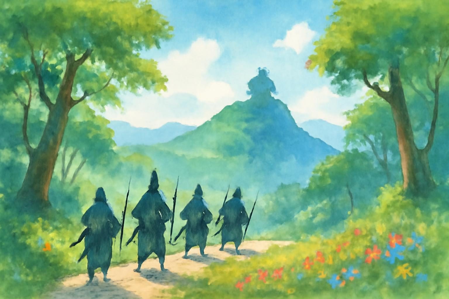 Watercolor of warriors approaching a mythical mountain lair under a vivid blue sky, surrounded by lush greenery.