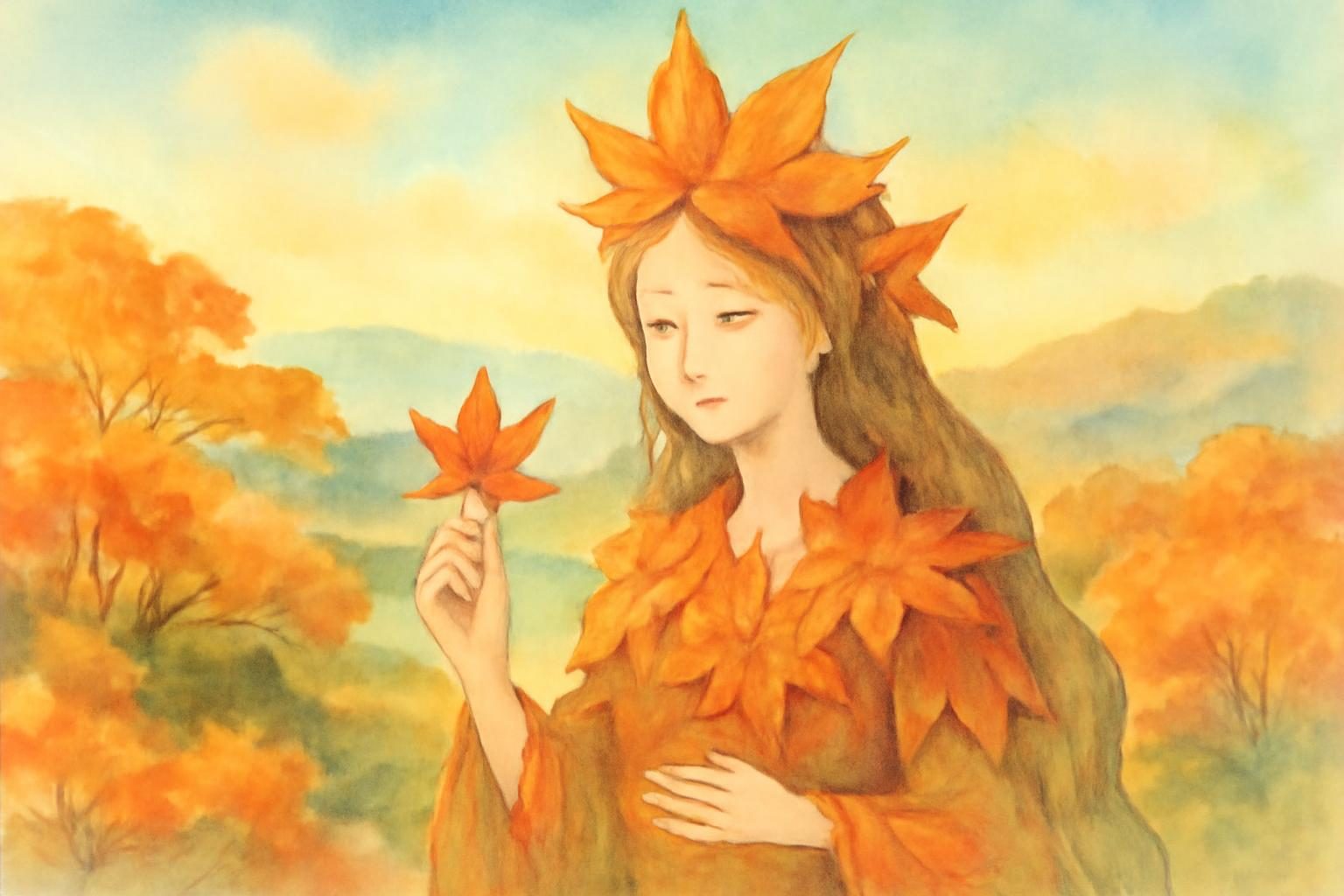 Mythical kami marvels at a maple leaf in a warm autumn landscape.