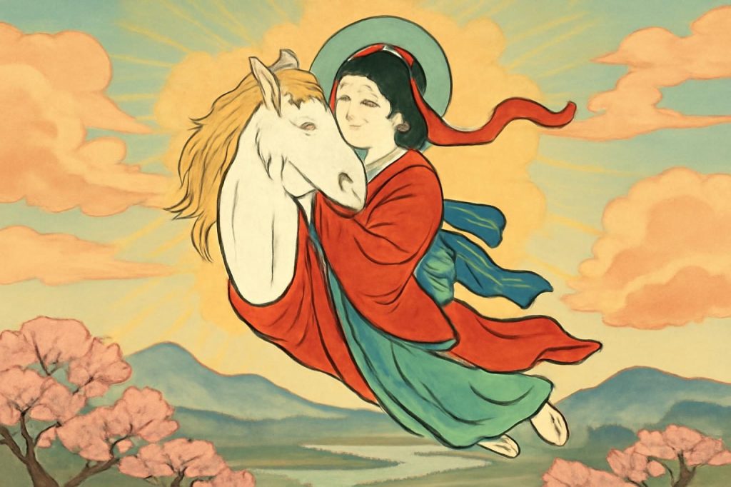 Oshira-sama, a deity formed from a farmer's daughter and horse, ascending amidst a vibrant Tōno landscape.
