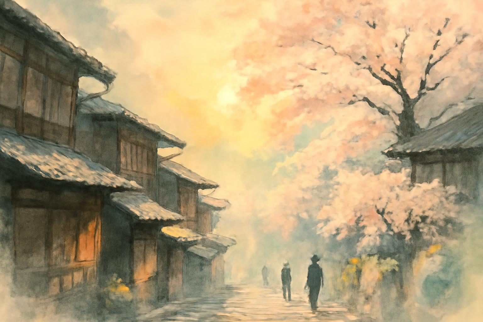 Illustration of a Kyoto-inspired stone-paved slope with wooden buildings, cherry blossoms, and distant figures in sunrise mis