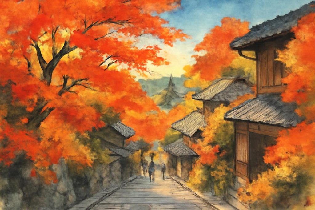 Painterly ukiyo-e scene of Sannenzaka slope in Kyoto, with vivid autumn colors under a clear blue sky.