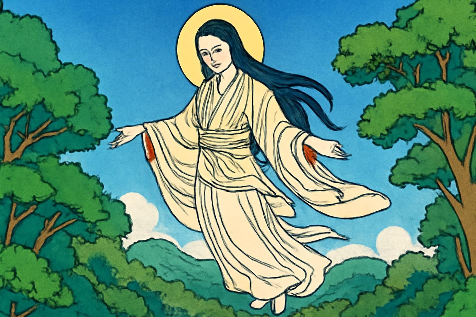 Illustration of goddess Amamikiyo descending to a lush grove, vivid colors, ukiyo-e style.