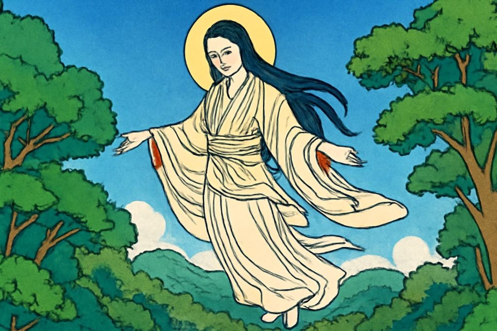 Illustration of goddess Amamikiyo descending to a lush grove, vivid colors, ukiyo-e style.