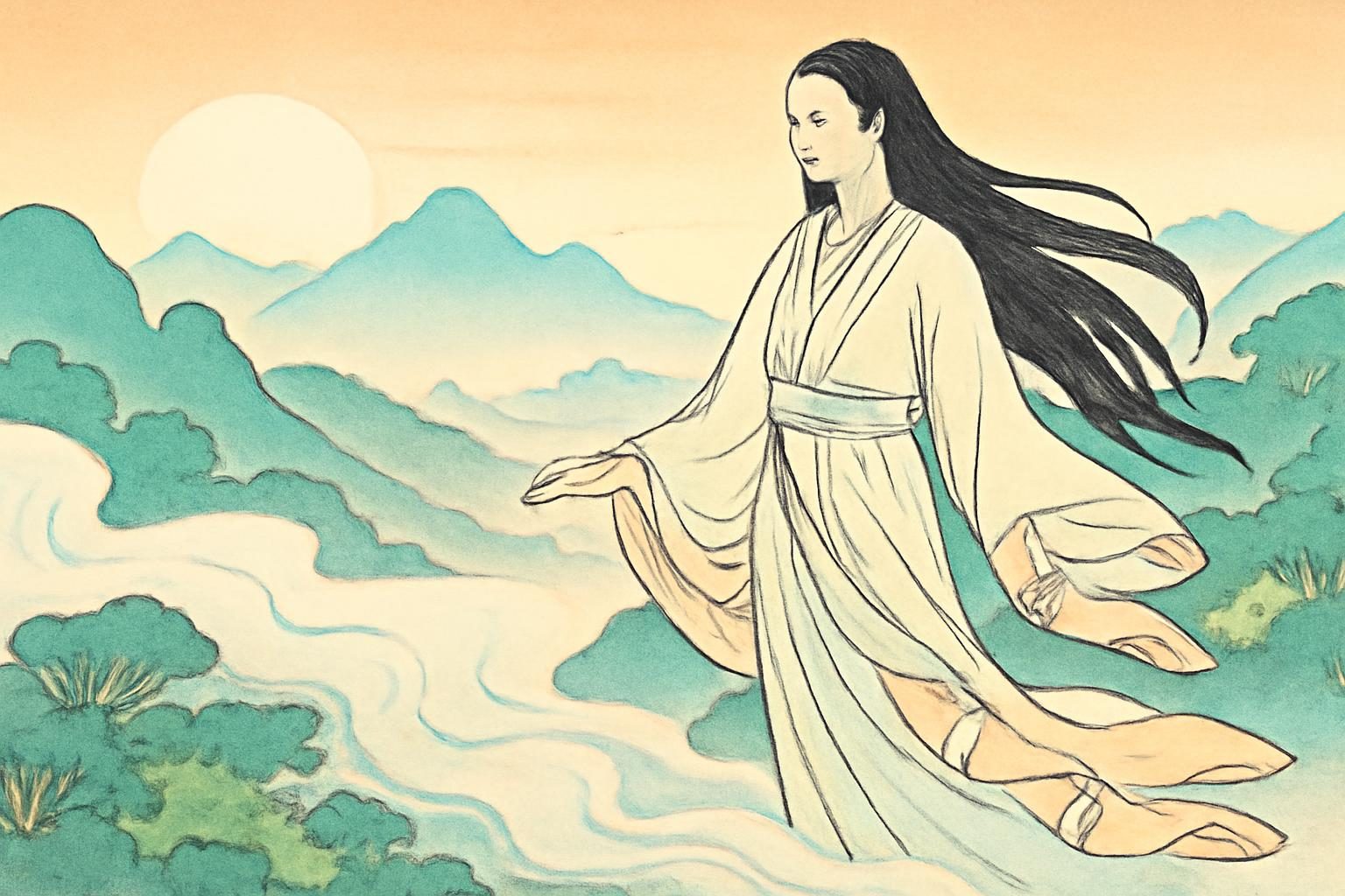 Ukiyo-e depiction of goddess Amamikiyo descending in an Okinawan landscape with sunrise colors.