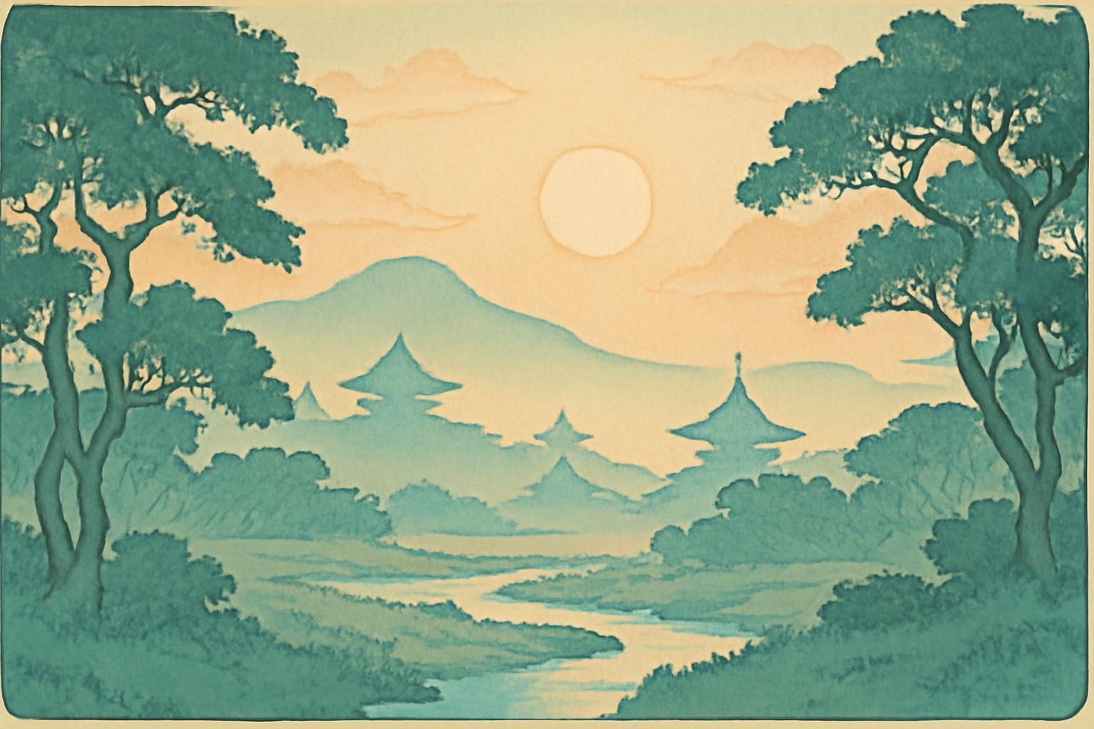 Ukiyo-e style print of a temple landscape at sunrise with mist, mountains, stream, and trees in pastel colors.