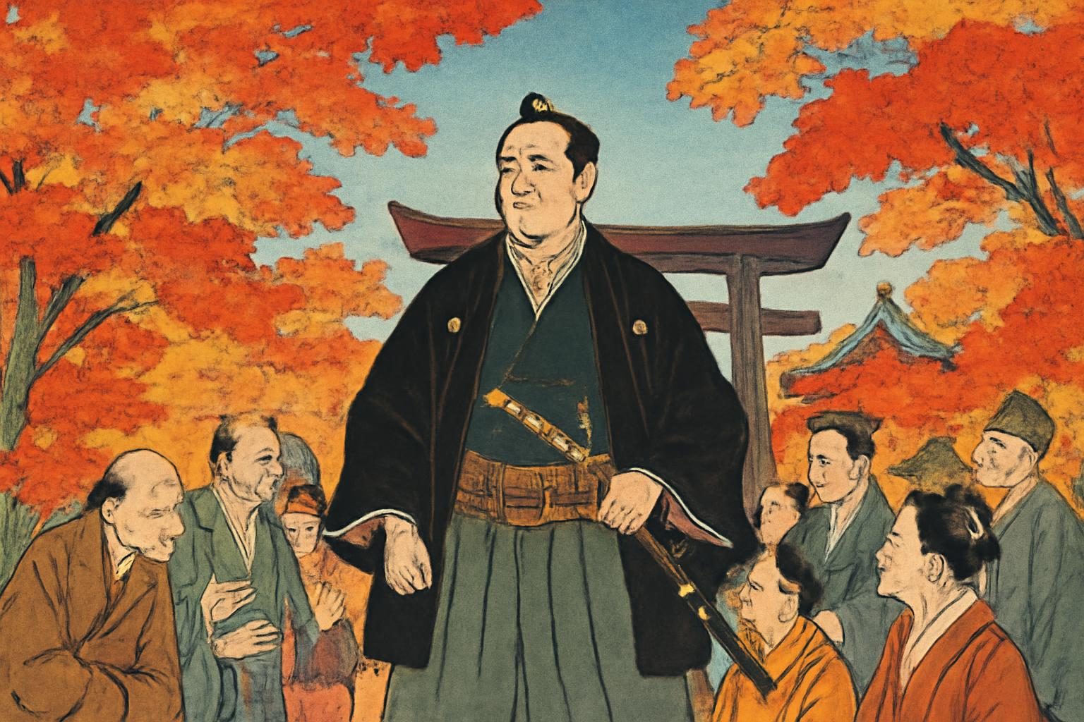 徳川家の由来話を題材にした想像図。日光で行われた実際の儀式を再現したものではありません。