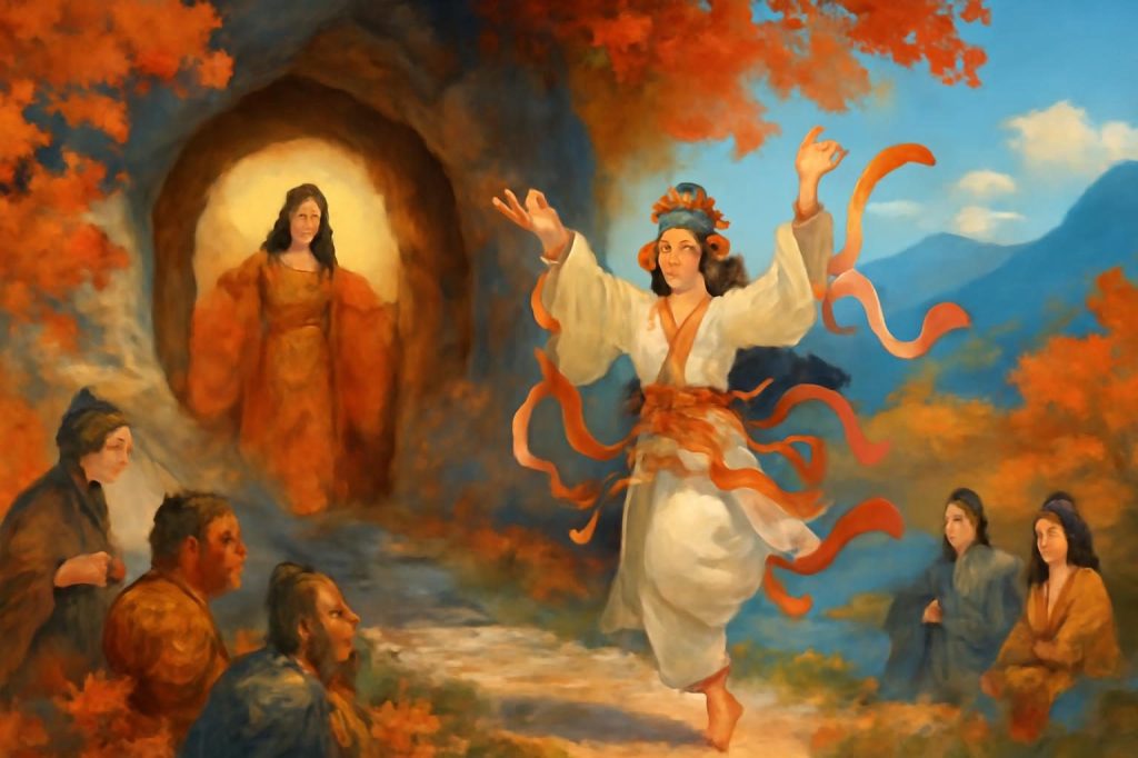 Amaterasu peeking from cave entrance while Ame-no-Uzume dances, surrounded by autumn foliage and gods.