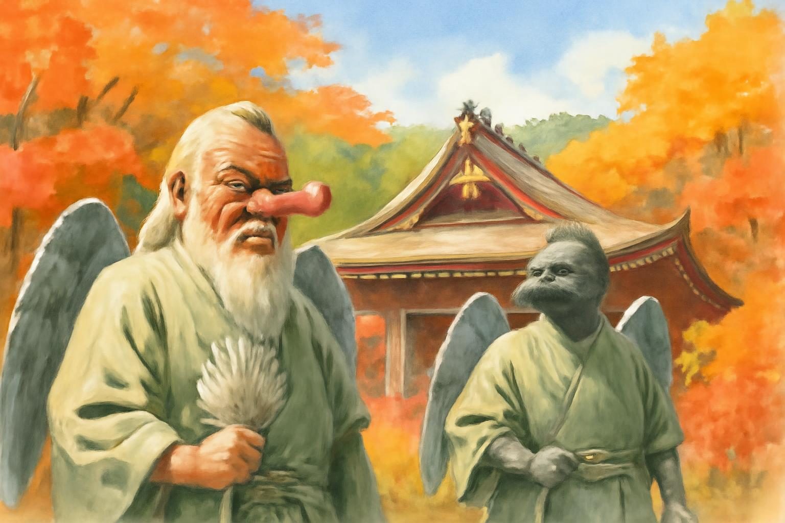 Long-nosed and crow-beaked Tengu in front of temple amid autumn hues, Tokyo.