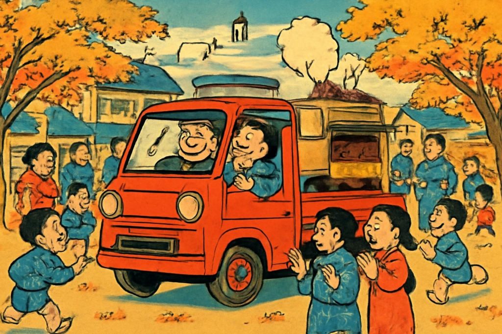Ukiyo-e style image of a yaki-imo truck and vendor on a bustling Tokyo street with families.