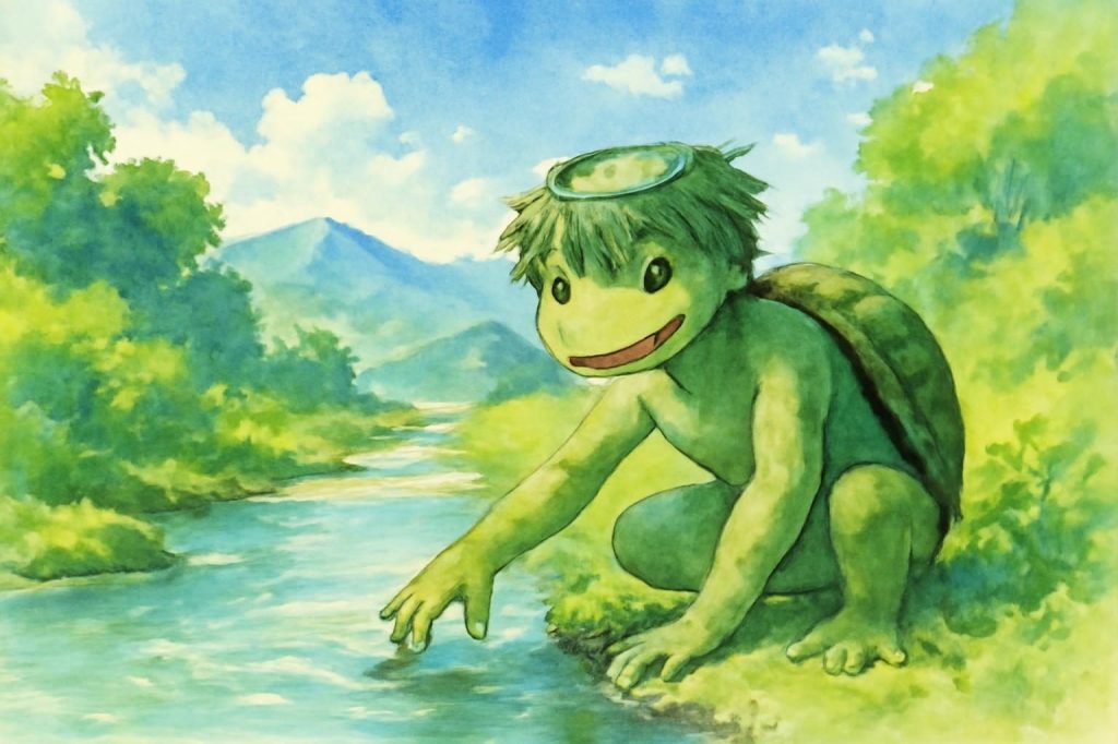 A kappa by Kappa-buchi Pool, with turtle-like features and a playful demeanor, in a vibrant summer landscape.
