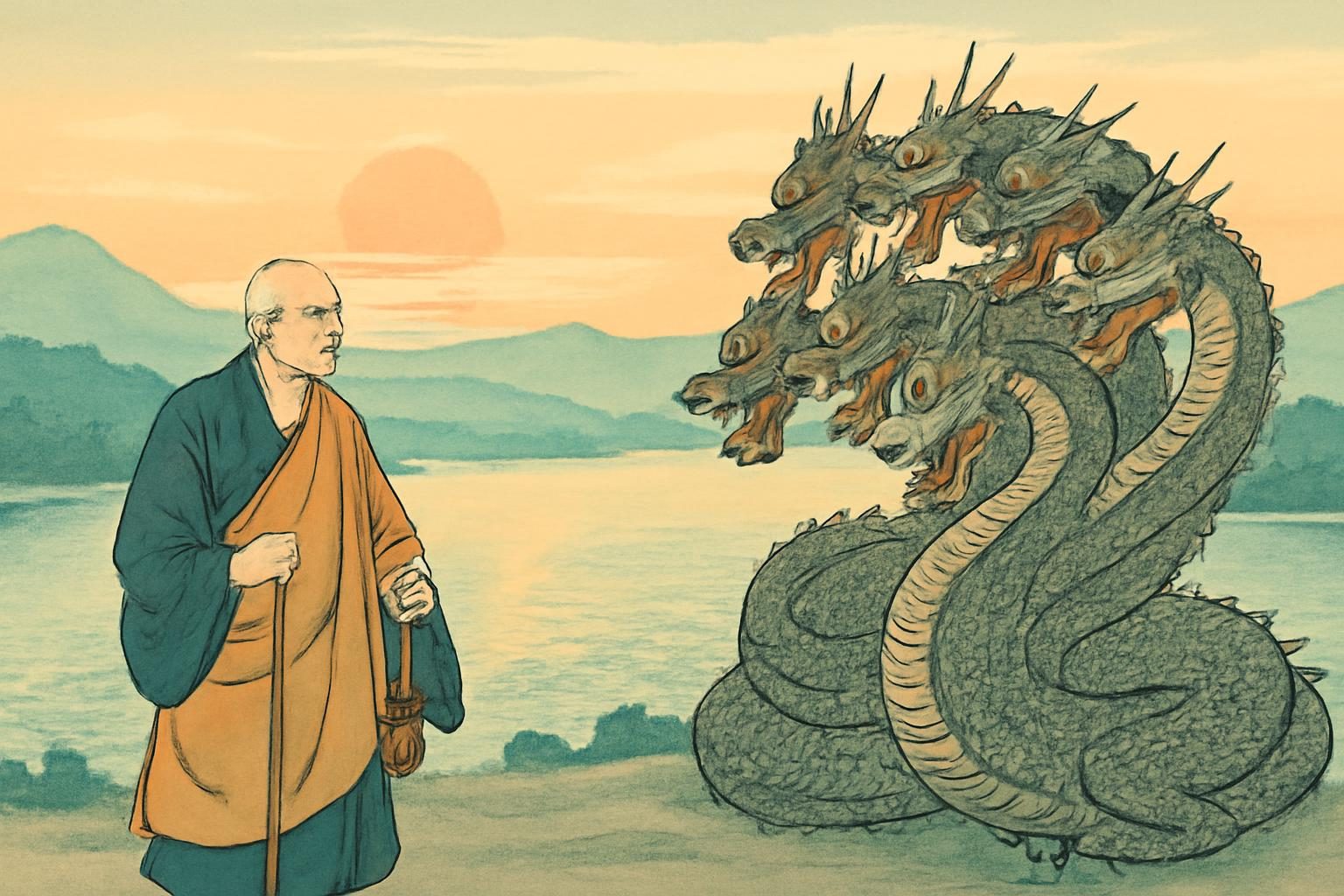 Monk Nansonobo confronting an eight-headed dragon by Lake Towada at sunrise.