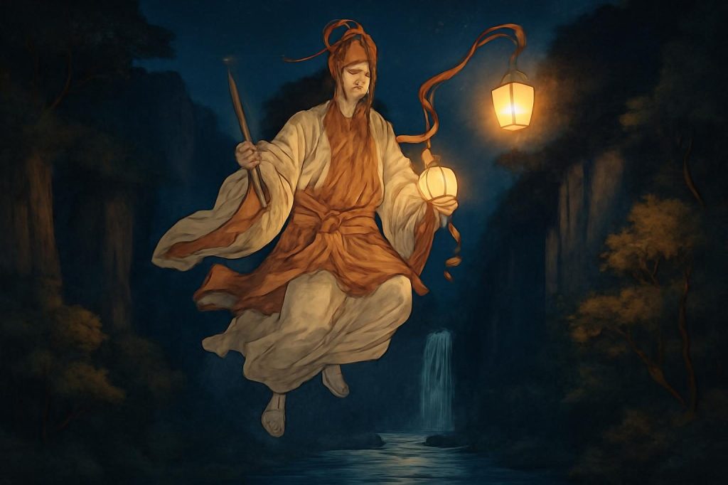 Ninigi-no-Mikoto descends with sacred treasures in a lantern-lit Takachiho Gorge at night.