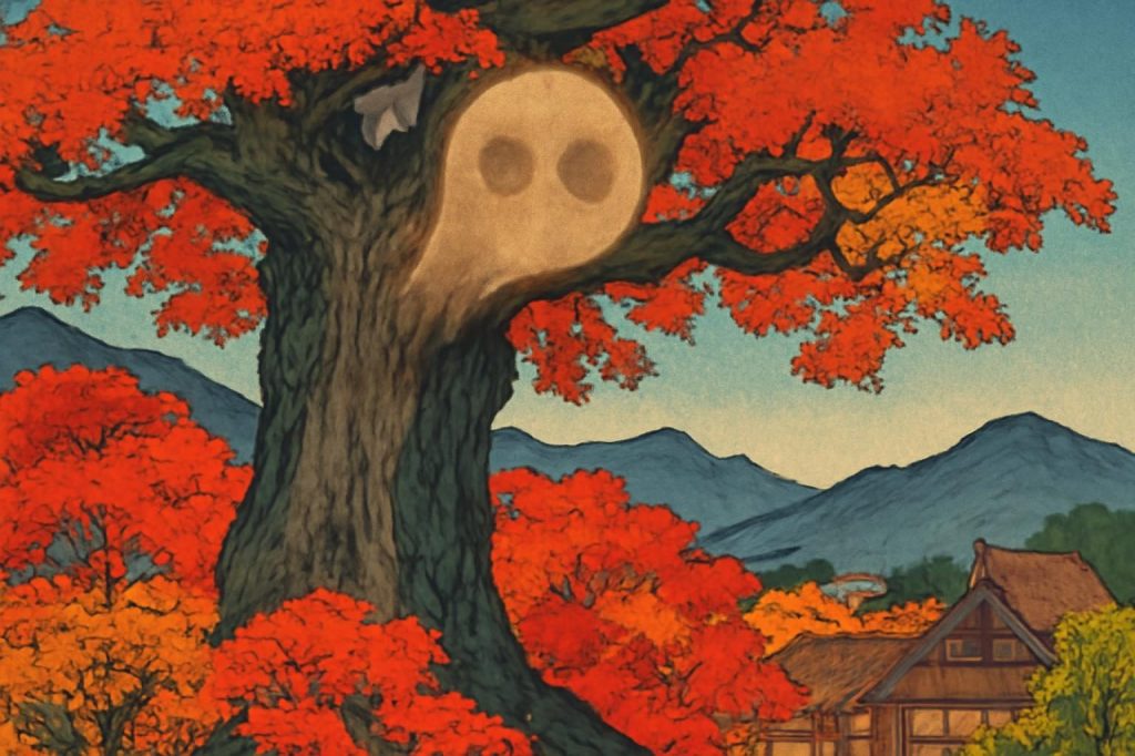Ukiyo-e style depiction of a Tsurube-otoshi legend scene with a kaya tree, autumn colors, and a blue sky.