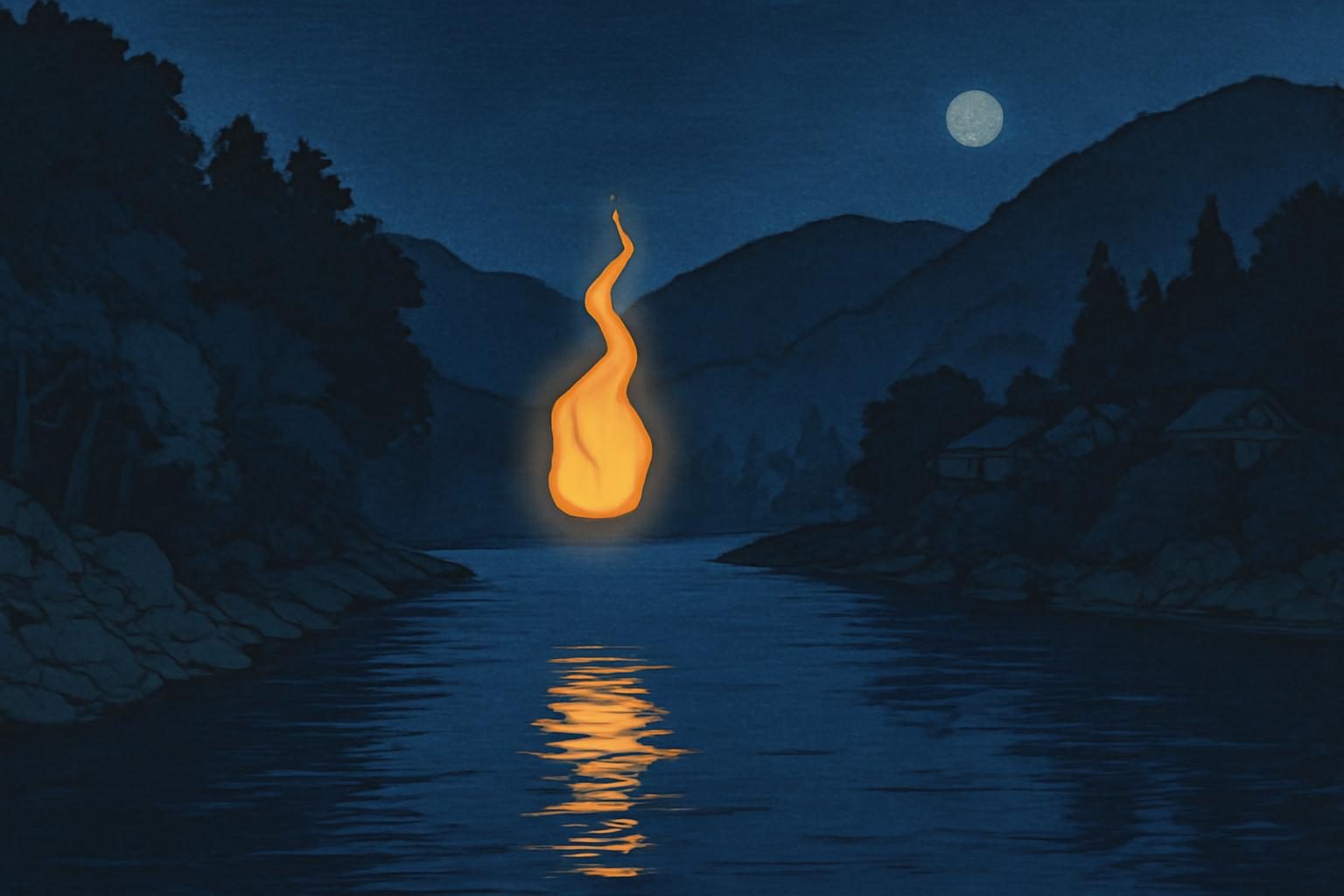 A mysterious ghost light hovers over a river at night, surrounded by forested mountains, in ukiyo-e style.