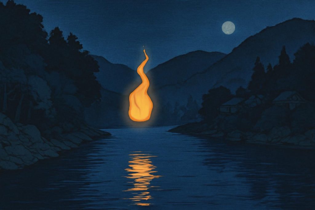 A mysterious ghost light hovers over a river at night, surrounded by forested mountains, in ukiyo-e style.