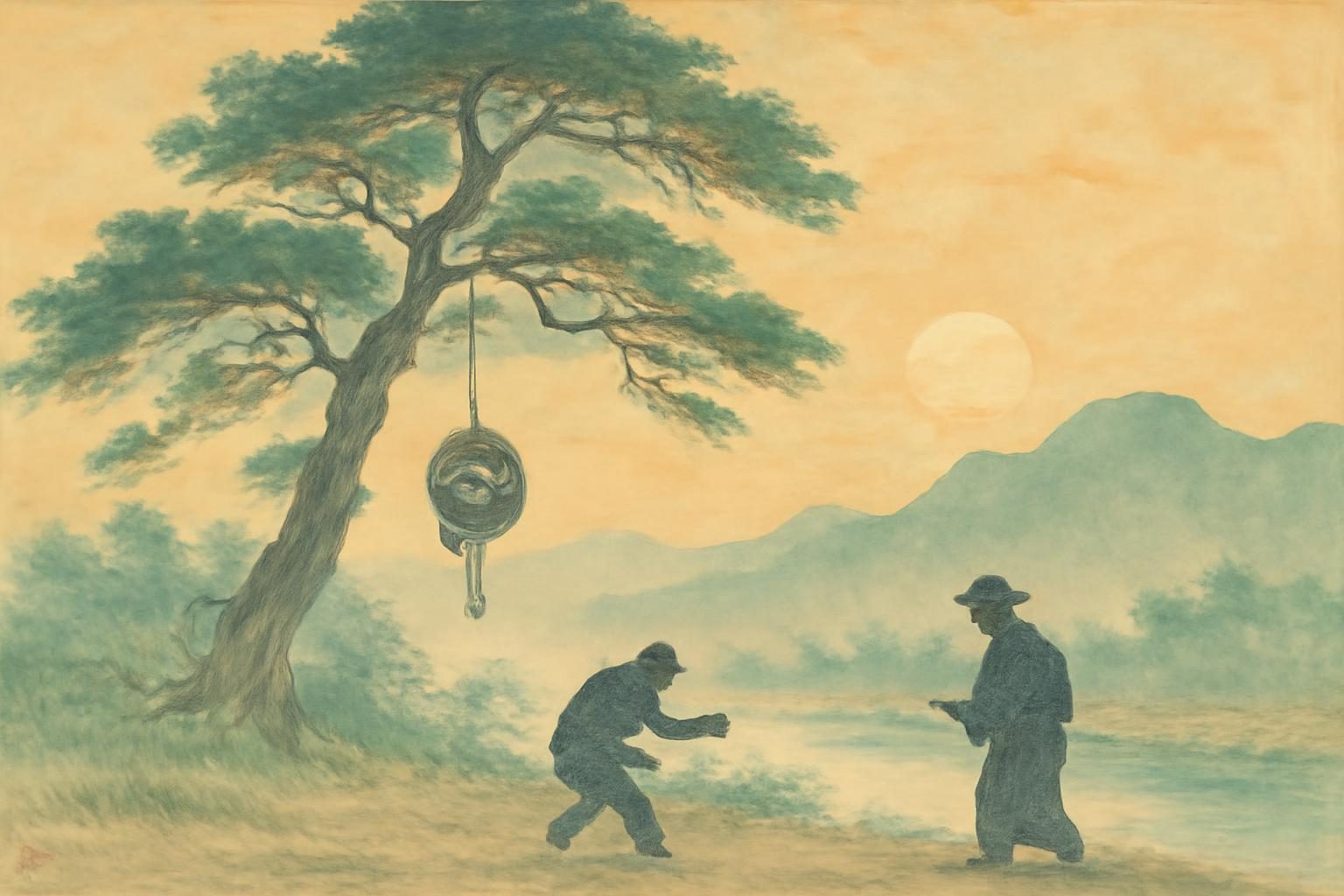 Ukiyo-e style illustration of Tsurube-otoshi near a kaya tree at sunrise with mist, mountains, and a river.