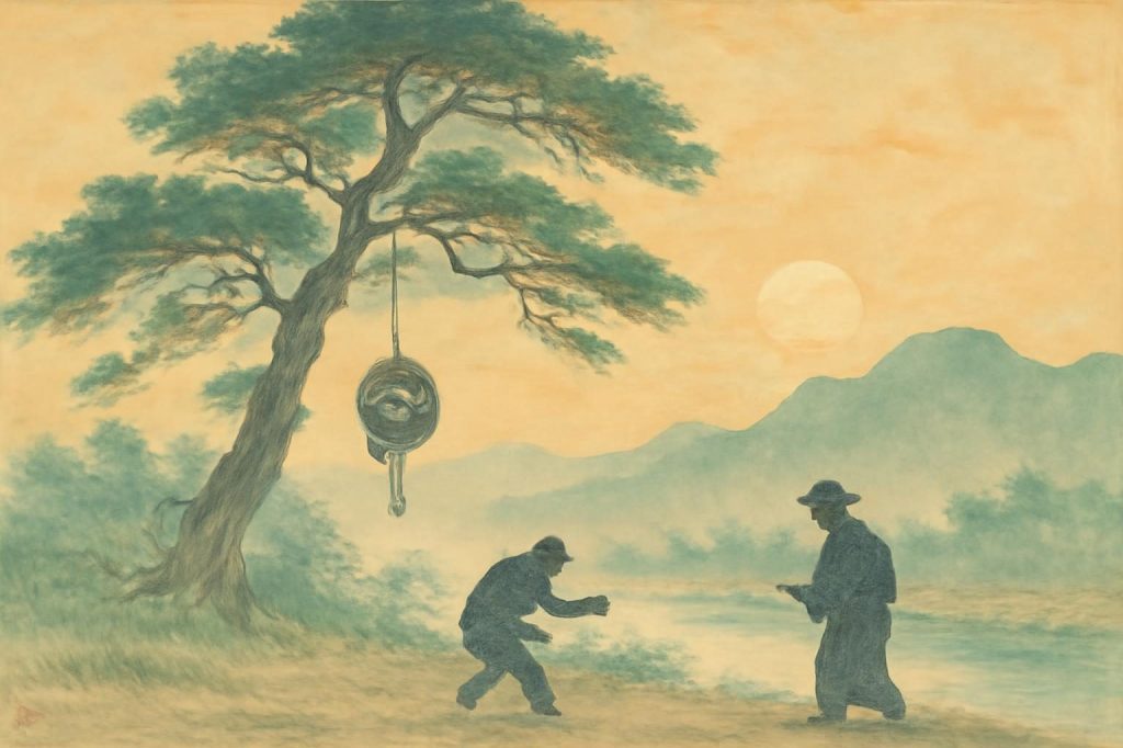 Ukiyo-e style illustration of Tsurube-otoshi near a kaya tree at sunrise with mist, mountains, and a river.