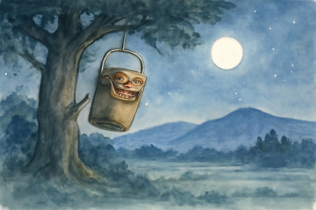 Tsurube-otoshi descending from a kaya tree by moonlight in Kameoka, depicted in a soft watercolour style.