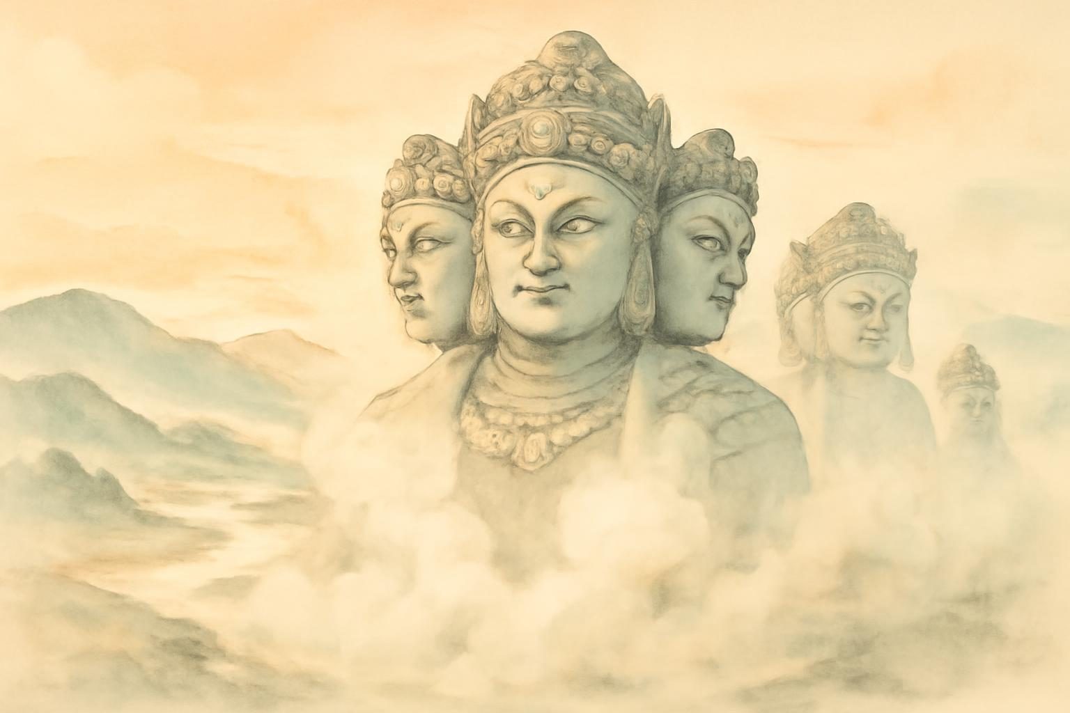 Four-faced Oshimen deities emerge amid steam in a sunrise-lit Unzen landscape, embodying guardianship and mysticism.
