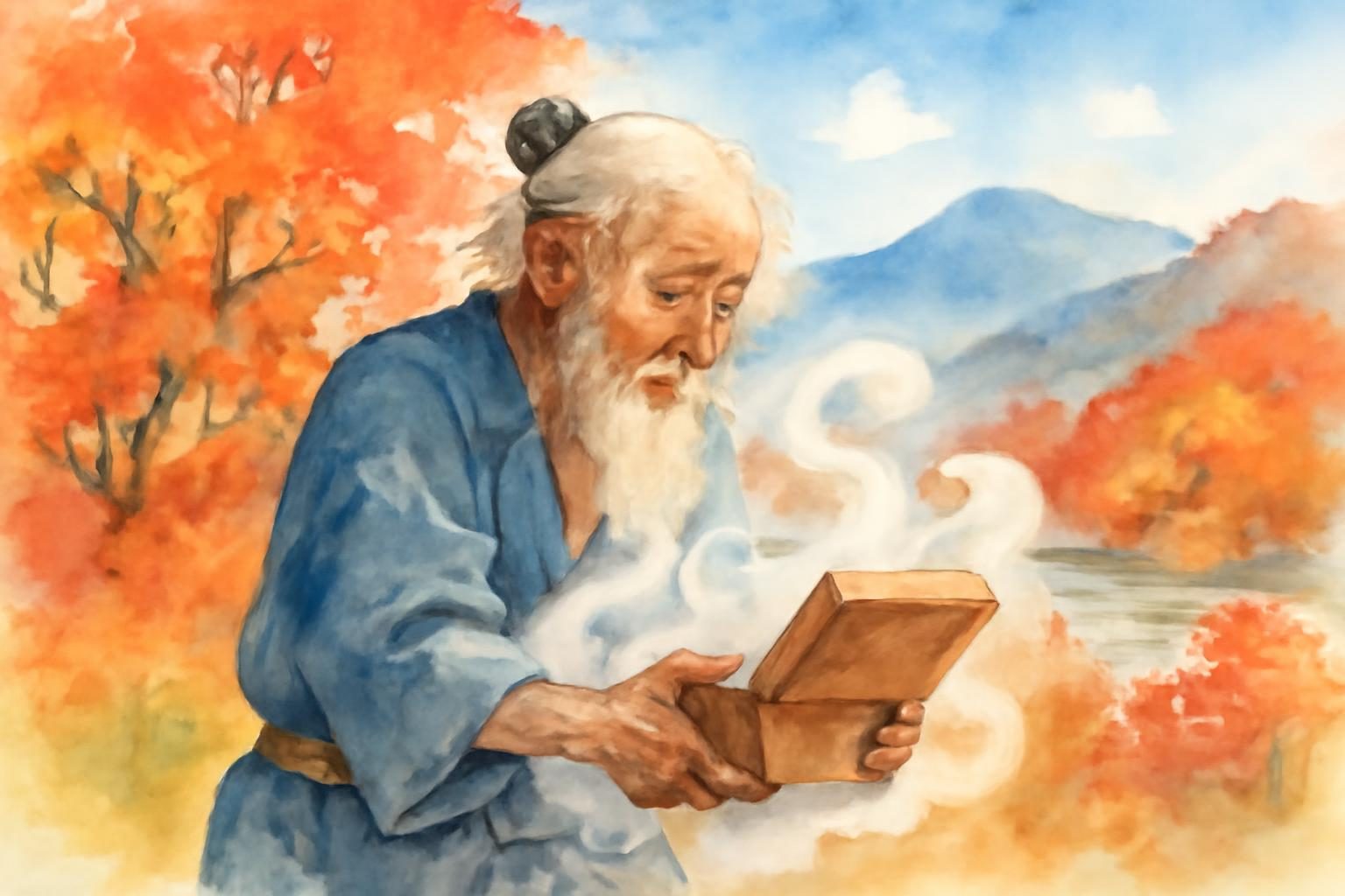 Urashima Tarō opens the tamatebako amidst an autumn landscape, smoke swirling around him.