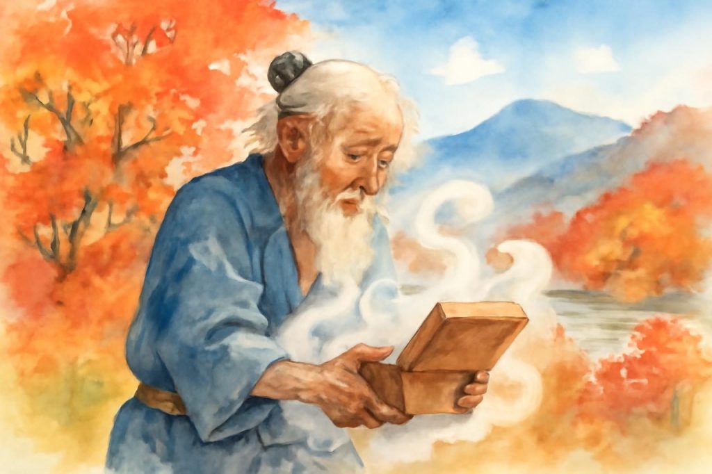 Urashima Tarō opens the tamatebako amidst an autumn landscape, smoke swirling around him.