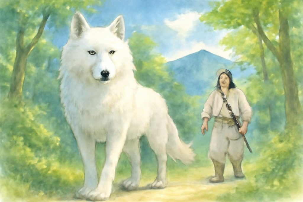 Illustration of a white wolf guiding a warrior through Mount Mitake's vibrant forest.