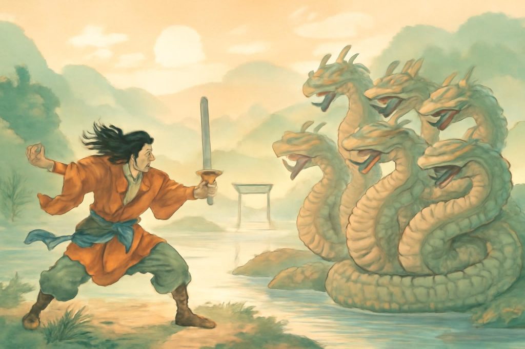 Susanoo confronting Yamata-no-Orochi by the Hii River at sunrise.