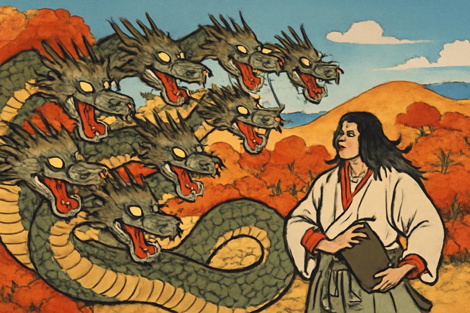 Yamata-no-Orochi, 8-headed serpent, sprawls across autumn hills; Susanoo holds a sake jug.
