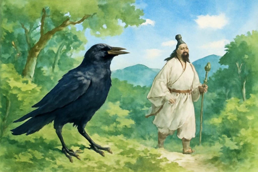 Yatagarasu guides Emperor Jimmu through Kumano's lush, sunlit forest.