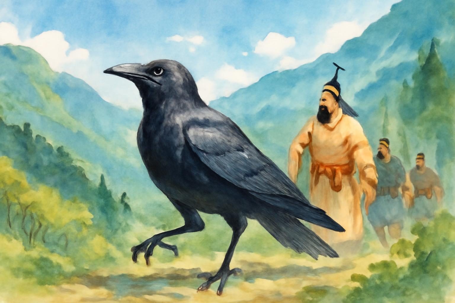 Yatagarasu guiding Emperor Jimmu through Kumano mountains in bright summer.