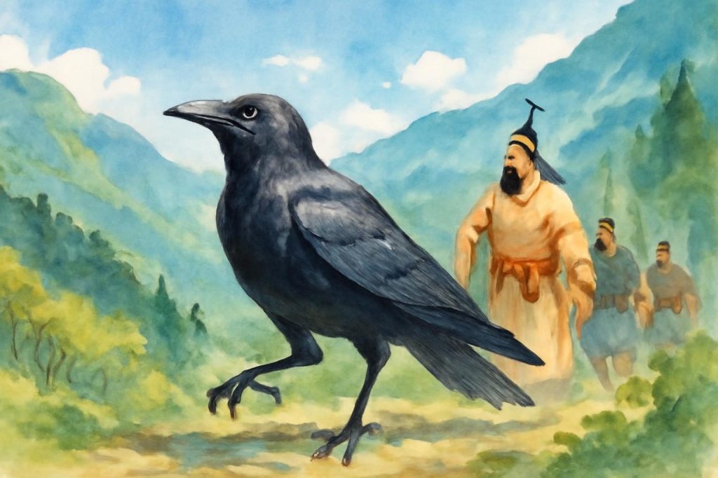 Yatagarasu guiding Emperor Jimmu through Kumano mountains in bright summer.