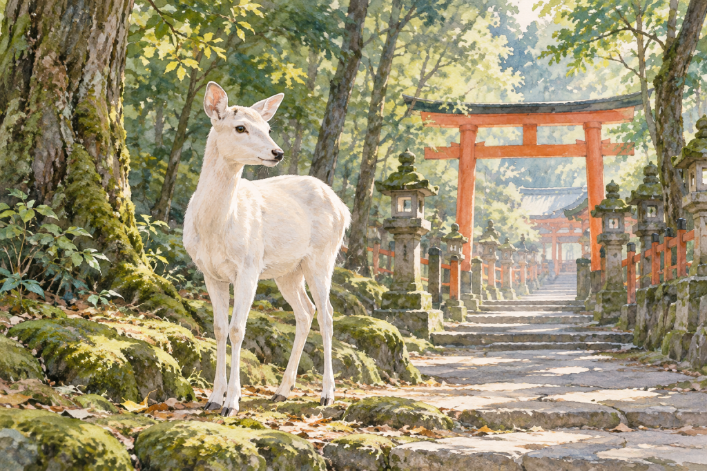AI-generated watercolor-style illustration of a white deer beside a woodland shrine path with vermilion torii and stone lanterns.
